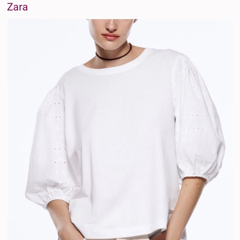 Zara White Oversized Puff Eyelet Sleeve Blouse